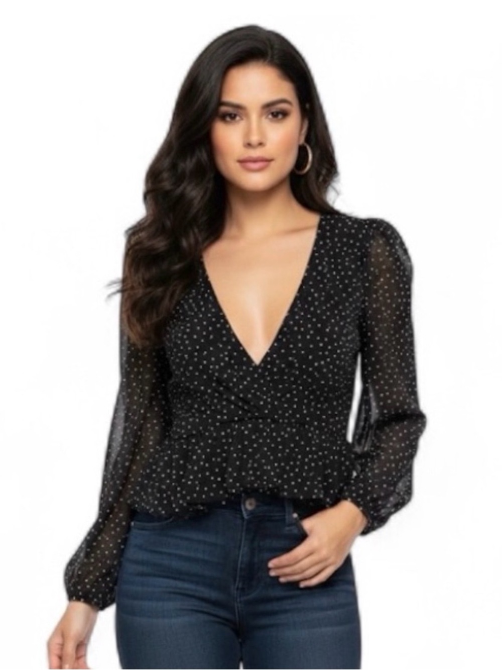 H&M Black Polka Dot V‑Neck Peplum Blouse
